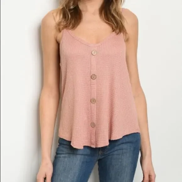 Waffle Knit Top Button Detail Pink Tank - Picture 1 of 5